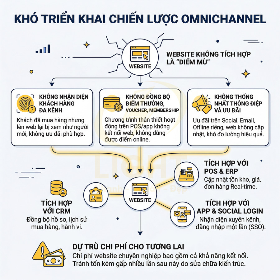 Mô hình triển khai chiến lược omnichannel với website trung tâm và các tích hợp CRM, POS, ERP, app, social login