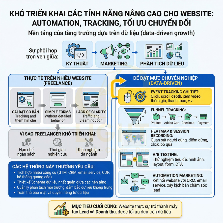 Infographic quy trình triển khai automation, tracking và tối ưu chuyển đổi cho website dựa trên dữ liệu