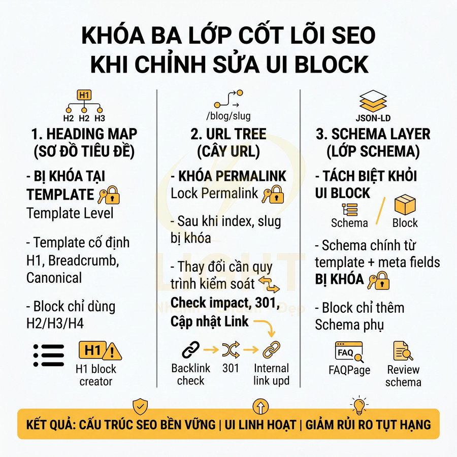 Infographic hướng dẫn khóa ba lớp cốt lõi SEO khi chỉnh sửa UI block gồm heading map, URL tree và schema layer