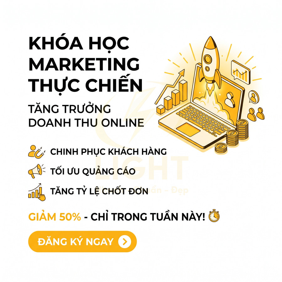 Khóa học marketing thực chiến tăng trưởng doanh thu online, ưu đãi giảm 50 phần trăm và nút đăng ký ngay