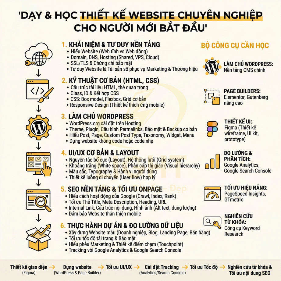 Khóa học thiết kế website chuyên nghiệp cho người mới bắt đầu với lộ trình HTML CSS WordPress UIUX SEO và đo lường dữ liệu