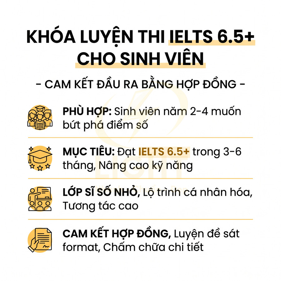 Khóa luyện thi IELTS 6.5+ cho sinh viên, cam kết đầu ra bằng hợp đồng, lớp sĩ số nhỏ lộ trình cá nhân hóa