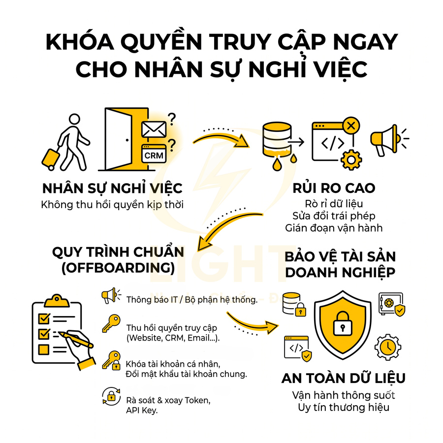 Infographic quy trình offboarding khóa quyền truy cập nhân sự nghỉ việc để bảo vệ tài sản và an toàn dữ liệu doanh nghiệp
