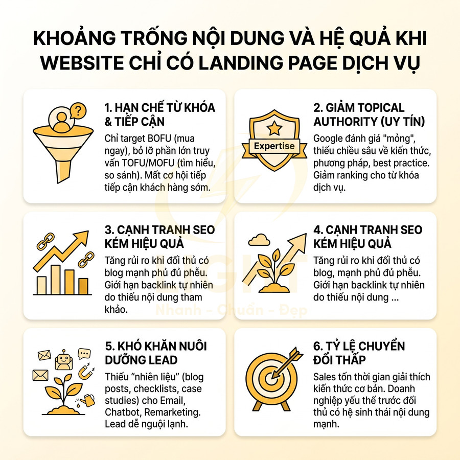 Khoảng trống nội dung và hệ quả khi website chỉ có landing page dịch vụ trong chiến lược SEO