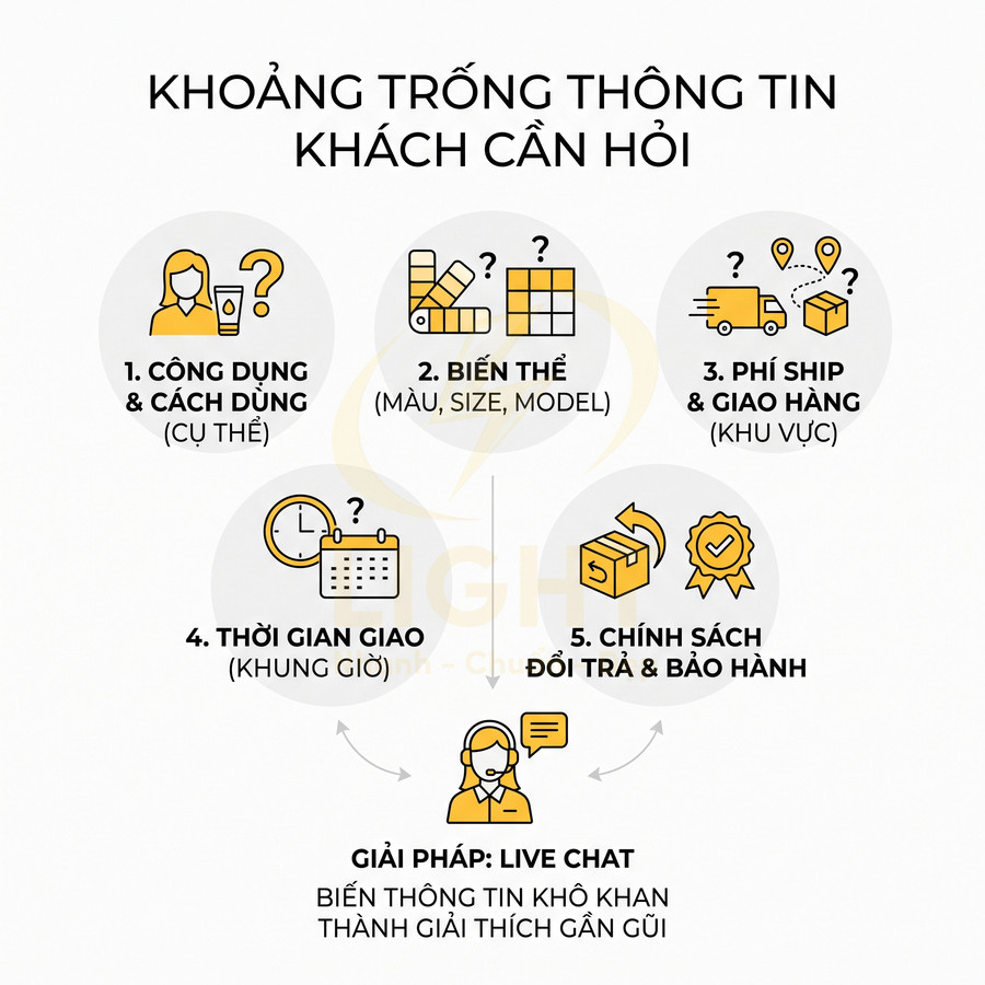 Infographic khoảng trống thông tin khách hàng cần hỏi và giải pháp live chat cho shop online