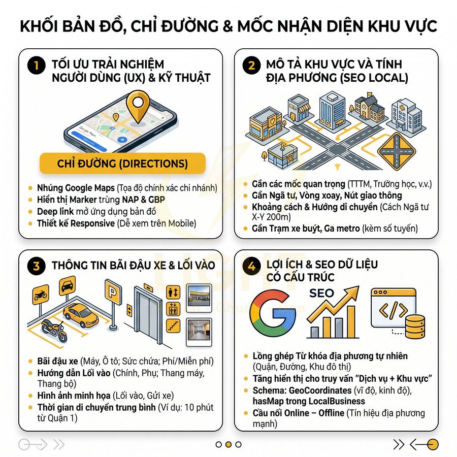 Infographic khối bản đồ chỉ đường và mốc nhận diện khu vực tối ưu UX và SEO local cho doanh nghiệp