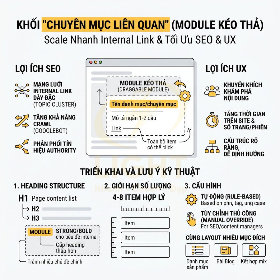 Infographic hướng dẫn triển khai khối chuyên mục liên quan dạng module kéo thả để tối ưu internal link SEO và UX