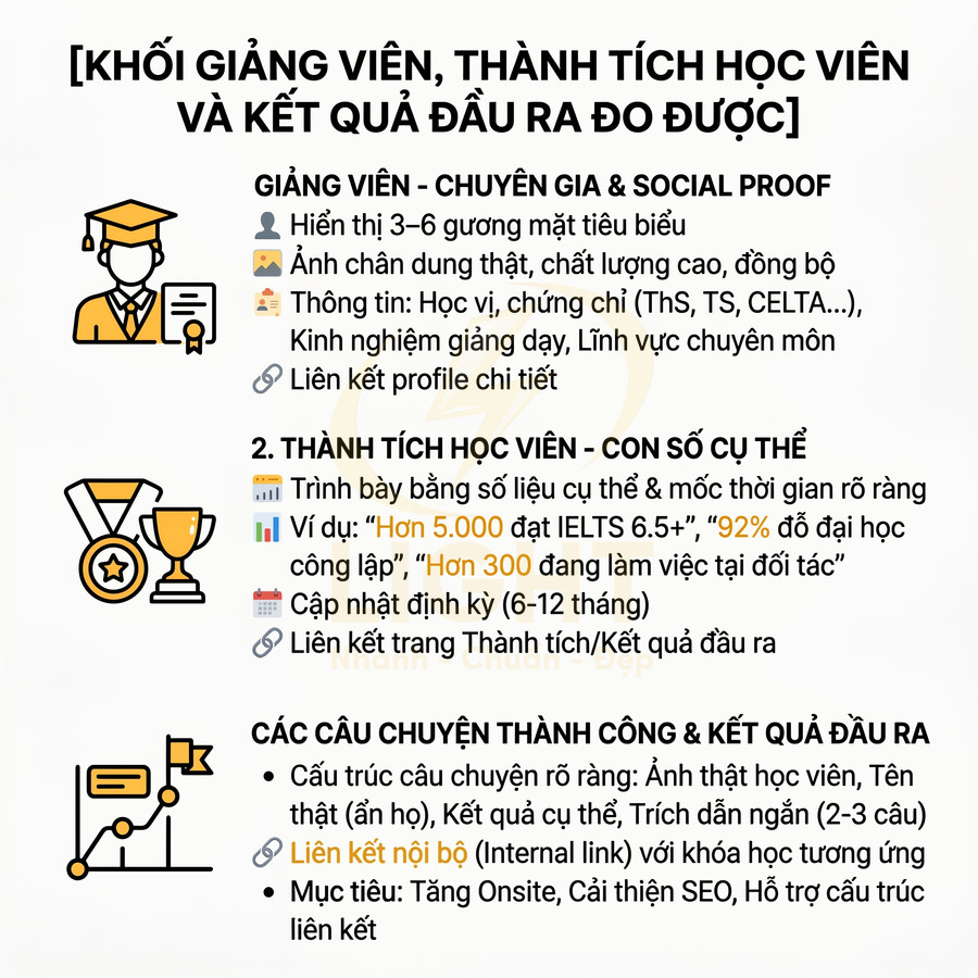 Hướng dẫn trình bày khối giảng viên, thành tích học viên và kết quả đầu ra đo được cho trung tâm đào tạo