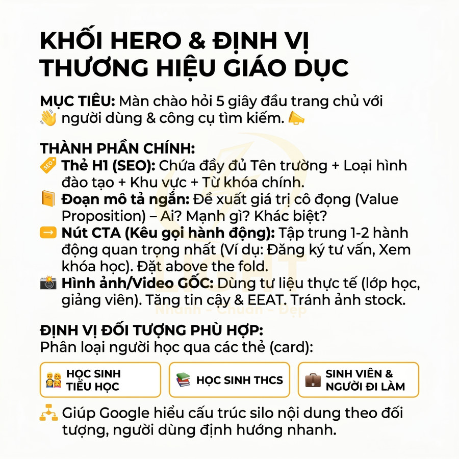Hướng dẫn thiết kế khối hero và định vị thương hiệu giáo dục với mục tiêu, CTA và phân loại đối tượng học viên