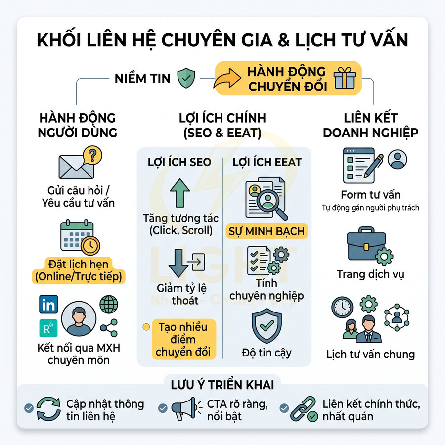 Sơ đồ khối liên hệ chuyên gia và lịch tư vấn, nêu lợi ích SEO EEAT và các bước tối ưu chuyển đổi trên website