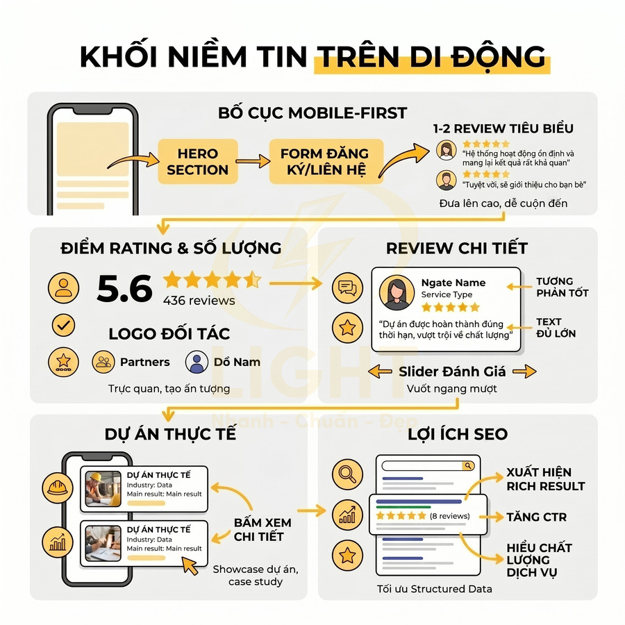 Infographic khối niềm tin trên di động với bố cục mobile first, rating sao, review chi tiết và lợi ích SEO