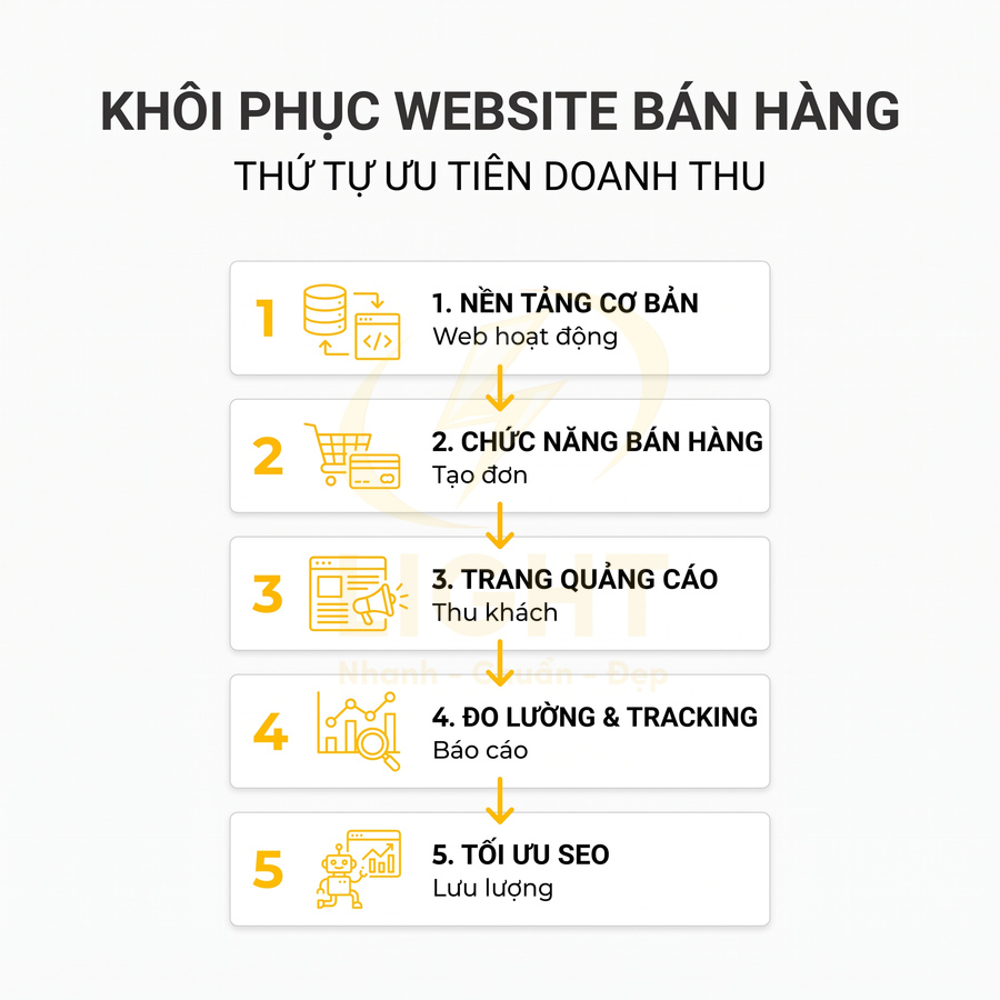 Quy trình khôi phục website bán hàng với 5 bước ưu tiên doanh thu từ nền tảng cơ bản đến tối ưu SEO
