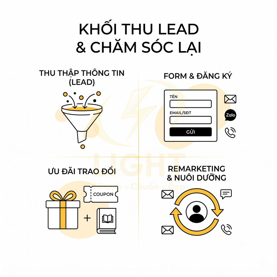 Quy trình thu lead và chăm sóc khách hàng với phễu thu thập thông tin, form đăng ký, ưu đãi trao đổi và remarketing
