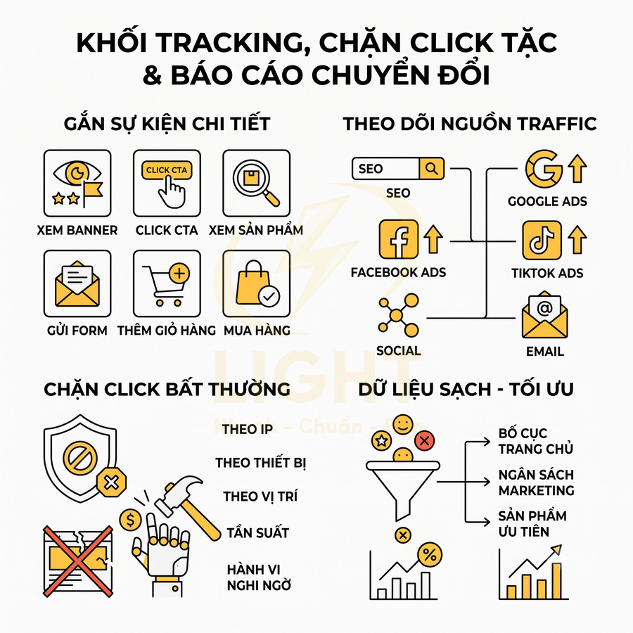 Giải pháp tracking chặn click tặc và báo cáo chuyển đổi, theo dõi traffic đa kênh và tối ưu dữ liệu marketing