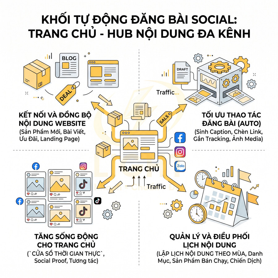 Mô hình hub nội dung đa kênh tự động đăng bài social, kết nối website và quản lý lịch nội dung marketing
