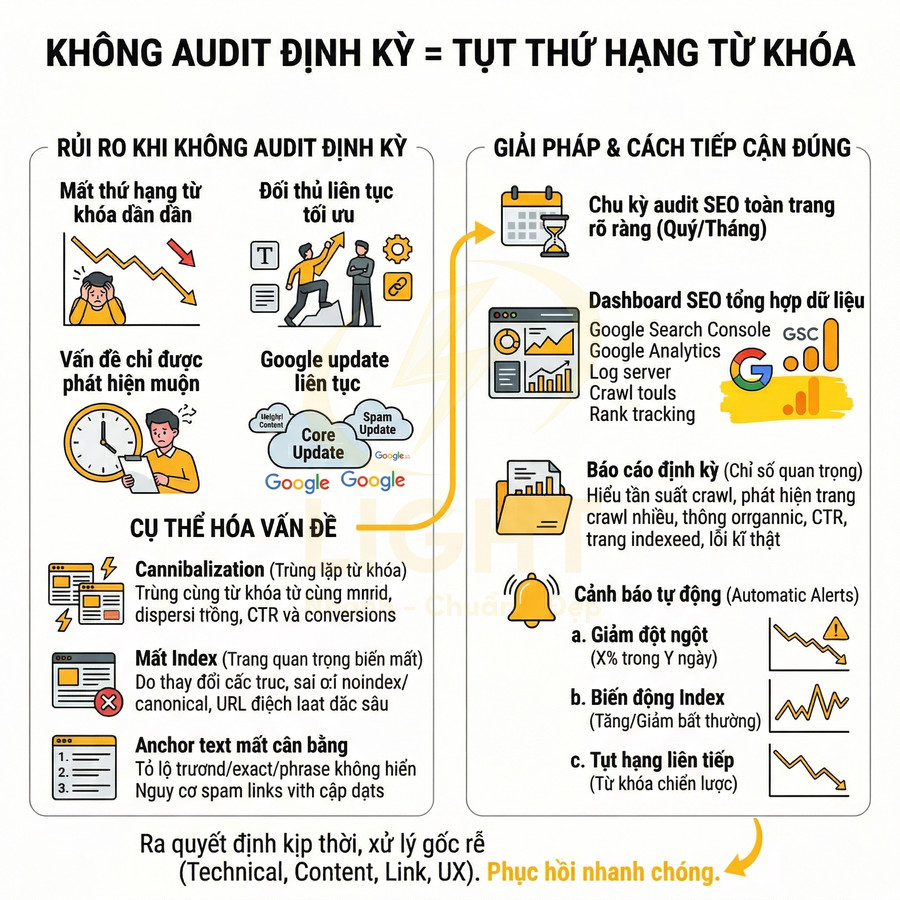 Infographic quy trình audit SEO định kỳ, rủi ro khi không audit và giải pháp tối ưu thứ hạng từ khóa