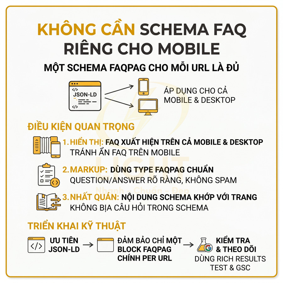 Hướng dẫn tối ưu schema FAQPage cho mobile và desktop với JSON LD và các điều kiện triển khai quan trọng