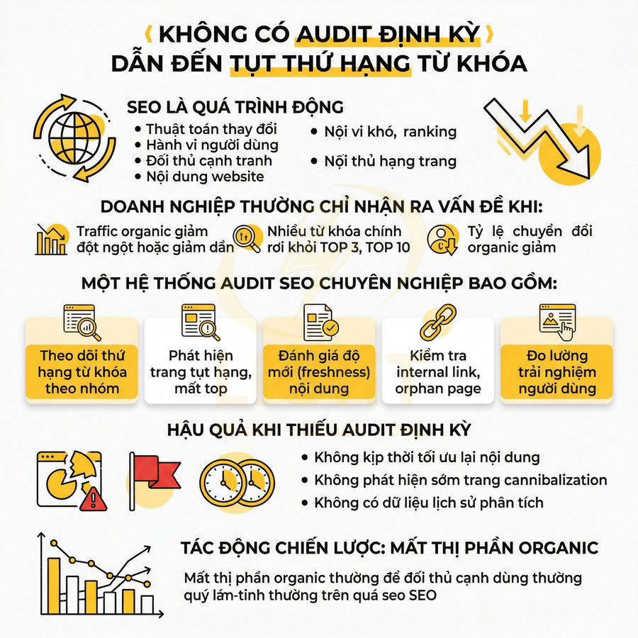 Infographic giải thích hậu quả không audit SEO định kỳ và lợi ích của hệ thống audit SEO chuyên nghiệp
