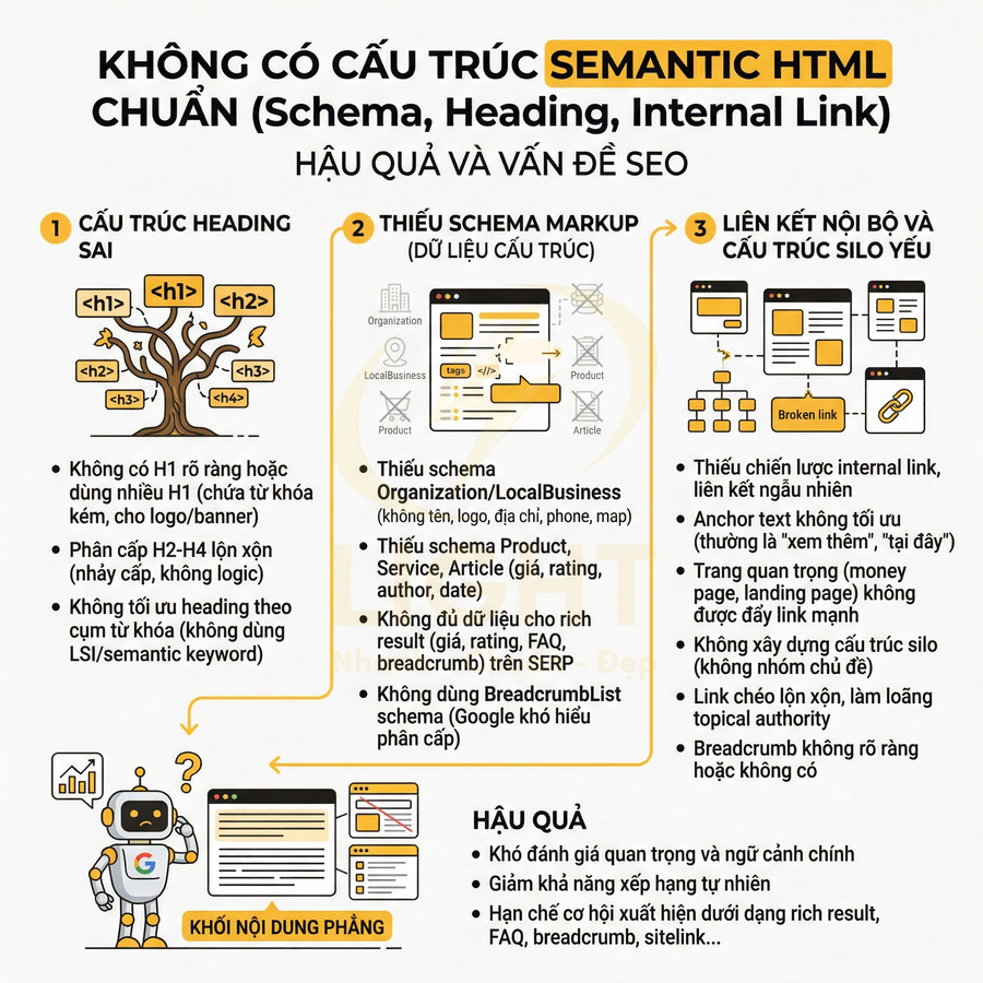 Infographic về lỗi không dùng cấu trúc semantic HTML chuẩn và hậu quả SEO cho website