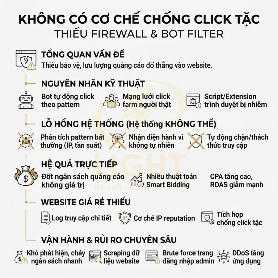 Infographic về rủi ro không có cơ chế chống click tặc, thiếu firewall và bot filter trong quảng cáo online