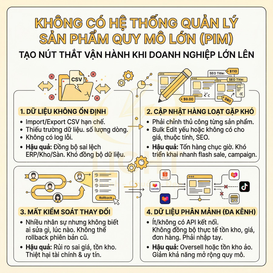 Infographic về khó khăn khi không dùng hệ thống quản lý sản phẩm PIM cho doanh nghiệp đa kênh