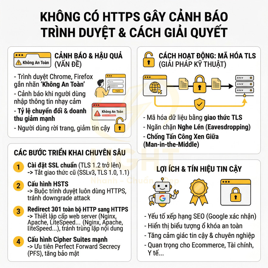 Infographic giải thích tác hại khi website không dùng HTTPS và hướng dẫn cài SSL, HSTS, chuyển hướng 301 để tăng bảo mật
