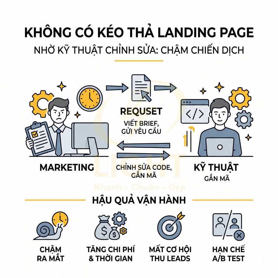 Minh họa quy trình marketing và kỹ thuật chỉnh sửa code landing page thủ công gây chậm chiến dịch và tăng chi phí