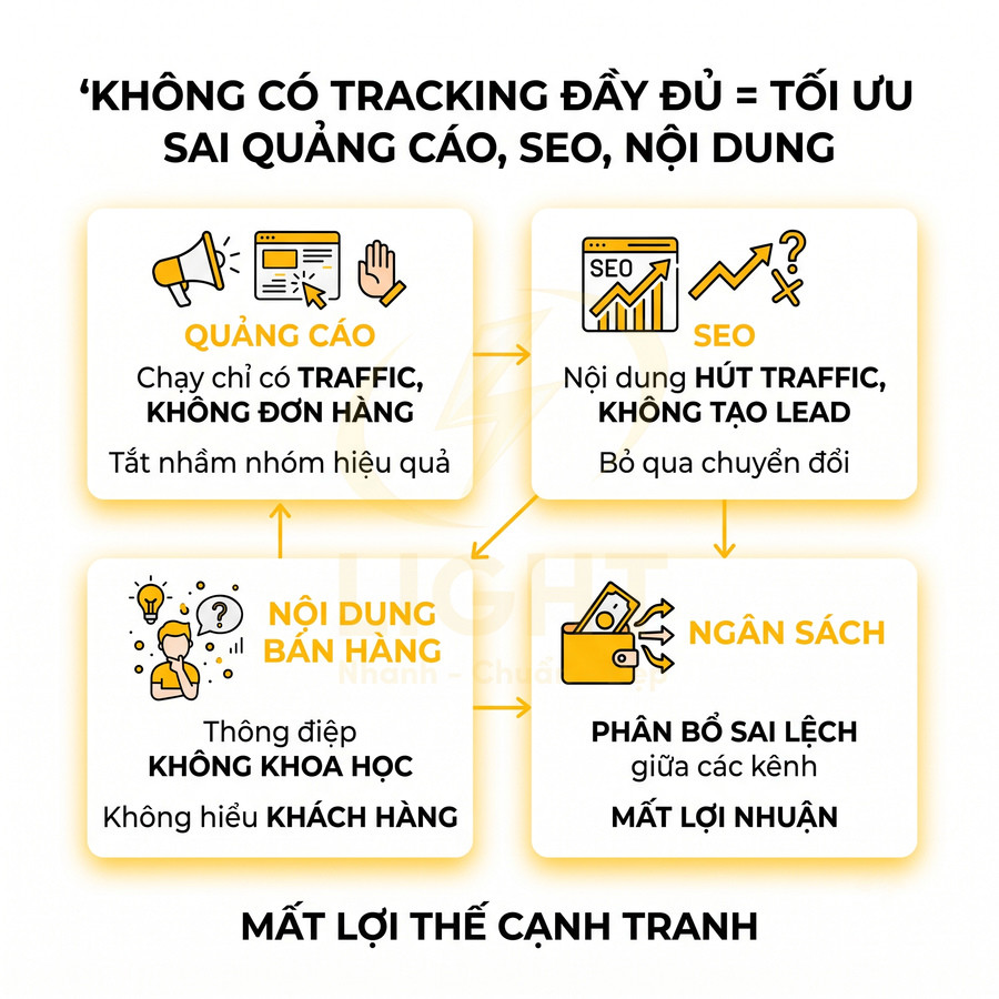 Sơ đồ hậu quả thiếu tracking trong marketing: quảng cáo, SEO, nội dung bán hàng và ngân sách phân bổ sai lệch