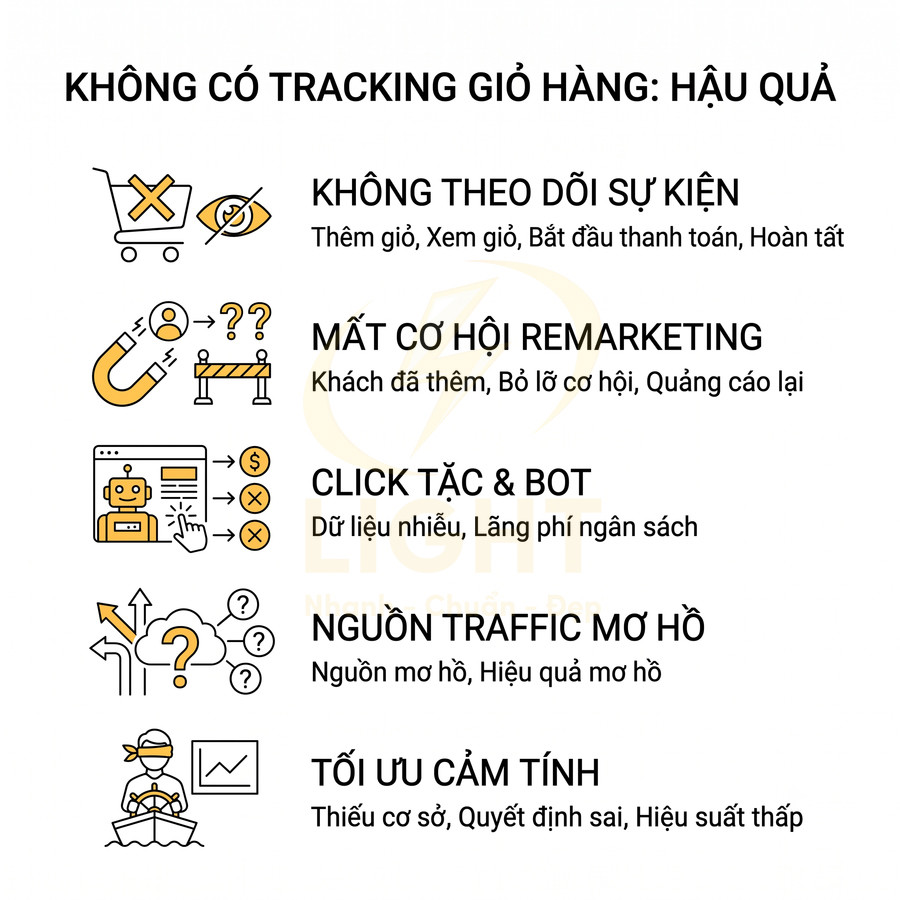 Infographic hậu quả không tracking giỏ hàng: mất remarketing, click tặc bot, traffic mơ hồ, tối ưu cảm tính