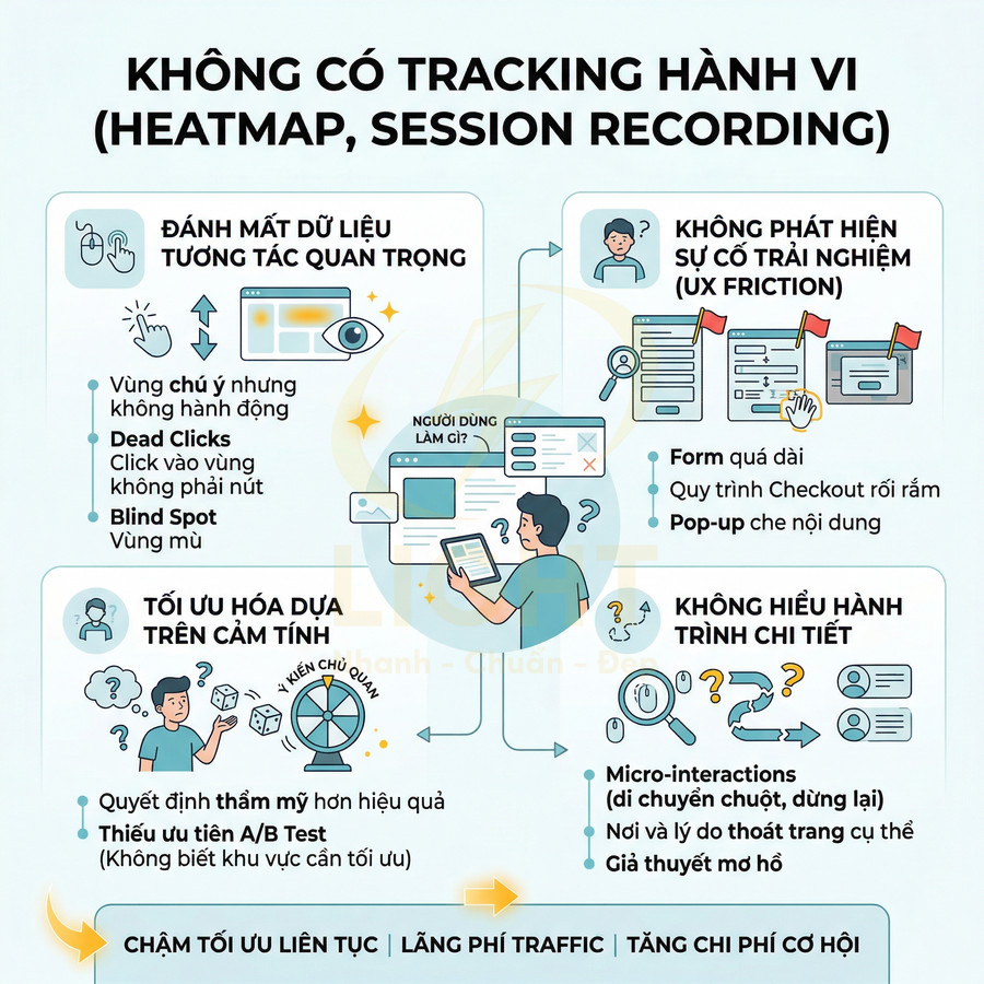 Infographic tiếng Việt giải thích hậu quả khi không dùng heatmap và session recording trong phân tích hành vi người dùng website