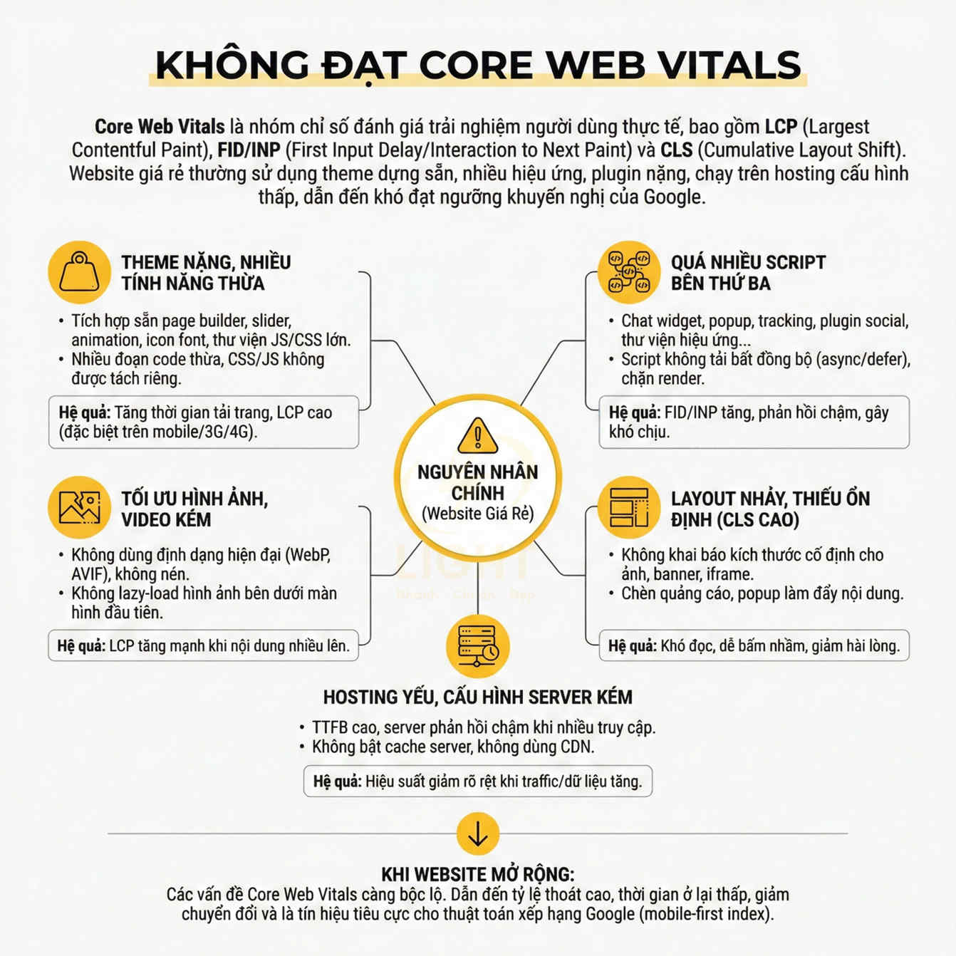 Infographic nguyên nhân website giá rẻ không đạt Core Web Vitals và hậu quả với trải nghiệm người dùng
