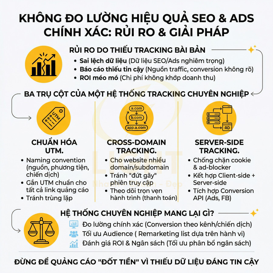 Infographic về rủi ro khi không đo lường hiệu quả SEO Ads và giải pháp xây hệ thống tracking chuyên nghiệp