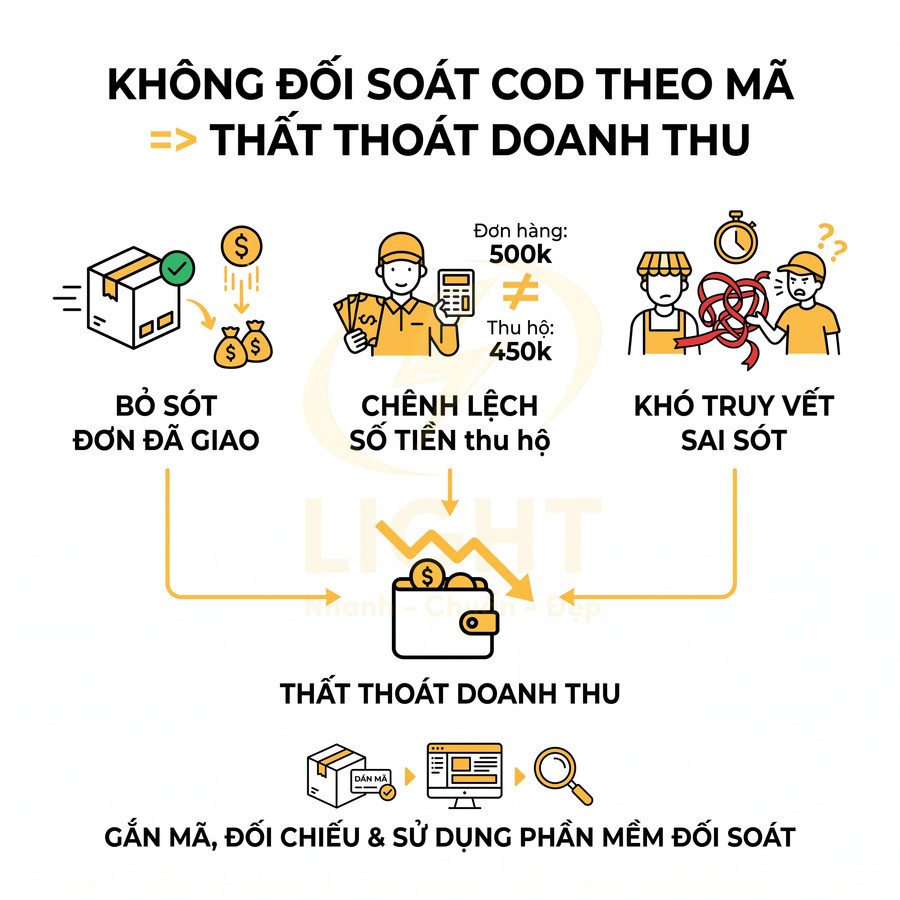 Infographic cảnh báo không đối soát COD theo mã gây thất thoát doanh thu và khuyến nghị gắn mã, dùng phần mềm đối soát