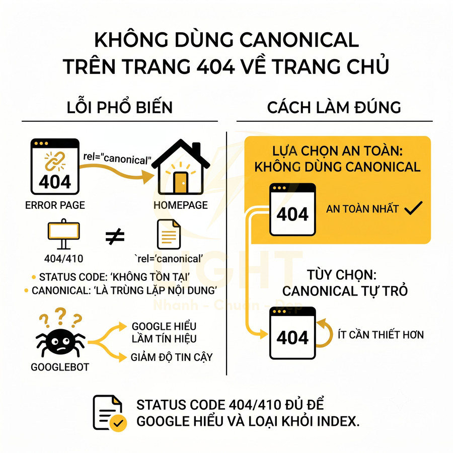 Hướng dẫn SEO giải thích không dùng thẻ canonical trỏ trang 404 về trang chủ và cách thiết lập đúng