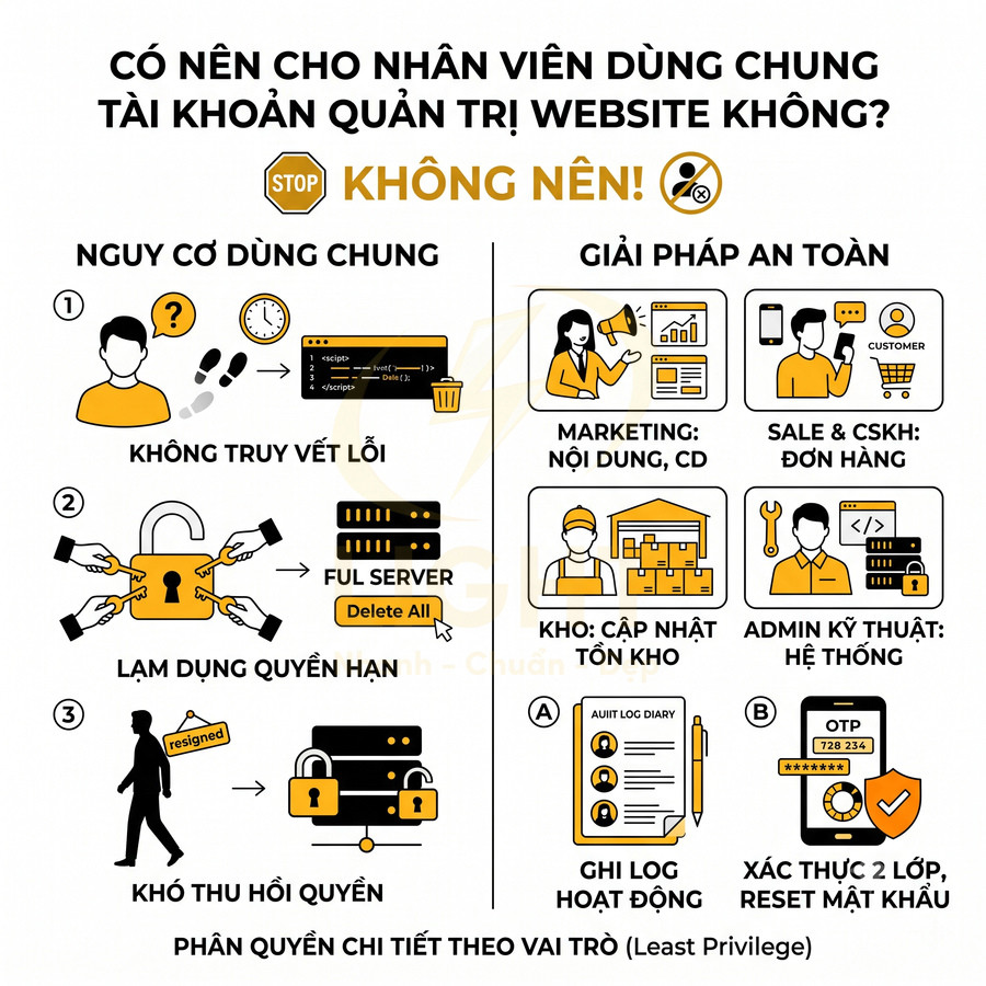 Infographic cảnh báo không nên cho nhân viên dùng chung tài khoản quản trị website và hướng dẫn phân quyền an toàn
