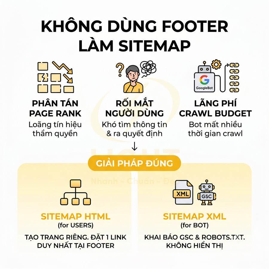 Hướng dẫn SEO không dùng footer làm sitemap, khuyến nghị tách sitemap HTML cho người dùng và sitemap XML cho bot