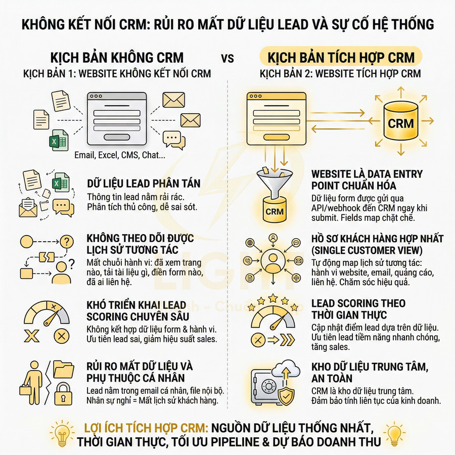 Infographic so sánh website không kết nối CRM và website tích hợp CRM, nêu rủi ro mất dữ liệu lead và lợi ích CRM