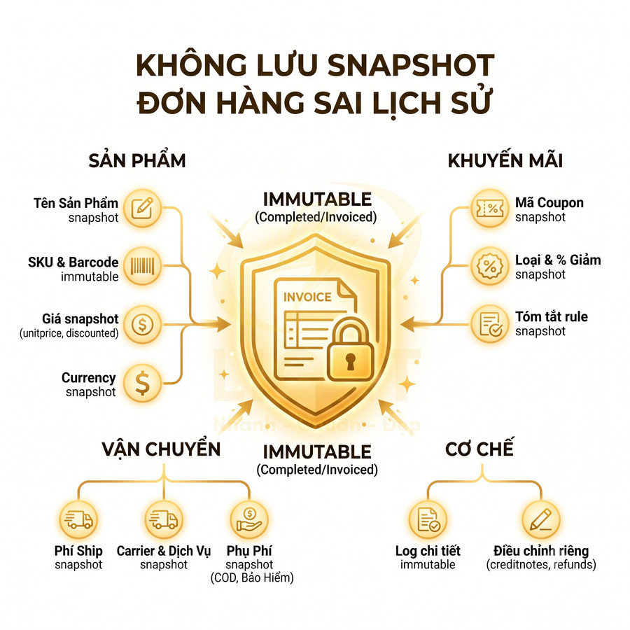 Mô hình bảo mật hóa đơn immutable lưu snapshot sản phẩm, khuyến mãi, vận chuyển và cơ chế điều chỉnh đơn hàng