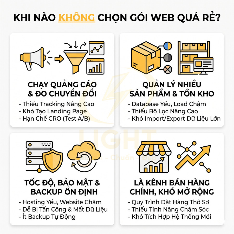 Infographic cảnh báo rủi ro khi chọn gói thiết kế website giá rẻ cho quảng cáo, quản lý sản phẩm và bảo mật