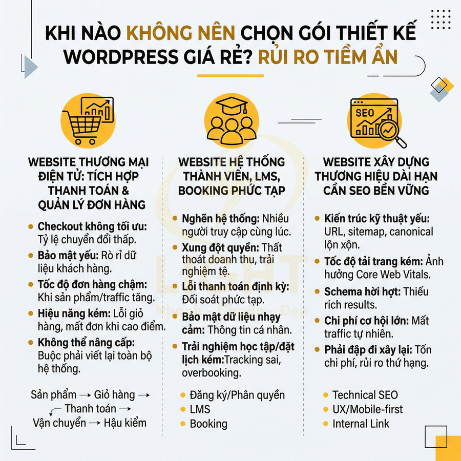 Infographic cảnh báo rủi ro khi chọn gói thiết kế website WordPress giá rẻ cho ecommerce, LMS và SEO thương hiệu
