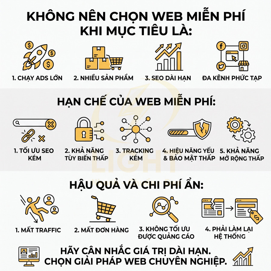 Infographic lý do không nên dùng web miễn phí, nêu hạn chế SEO, bảo mật, hiệu năng và khuyến nghị chọn web chuyên nghiệp