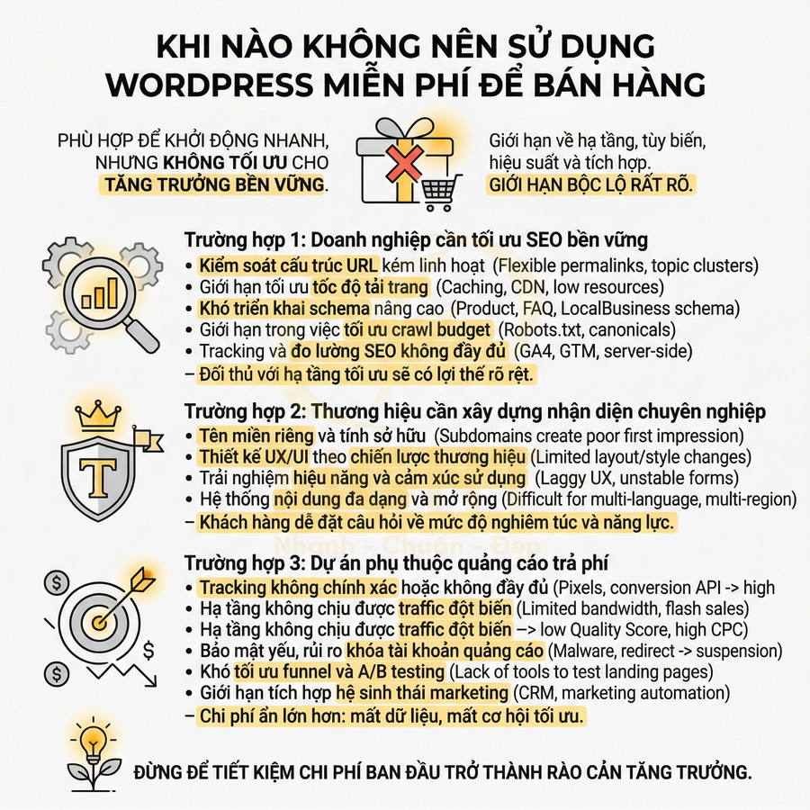 Infographic lý do không nên dùng WordPress miễn phí để bán hàng và các trường hợp nên nâng cấp hạ tầng website