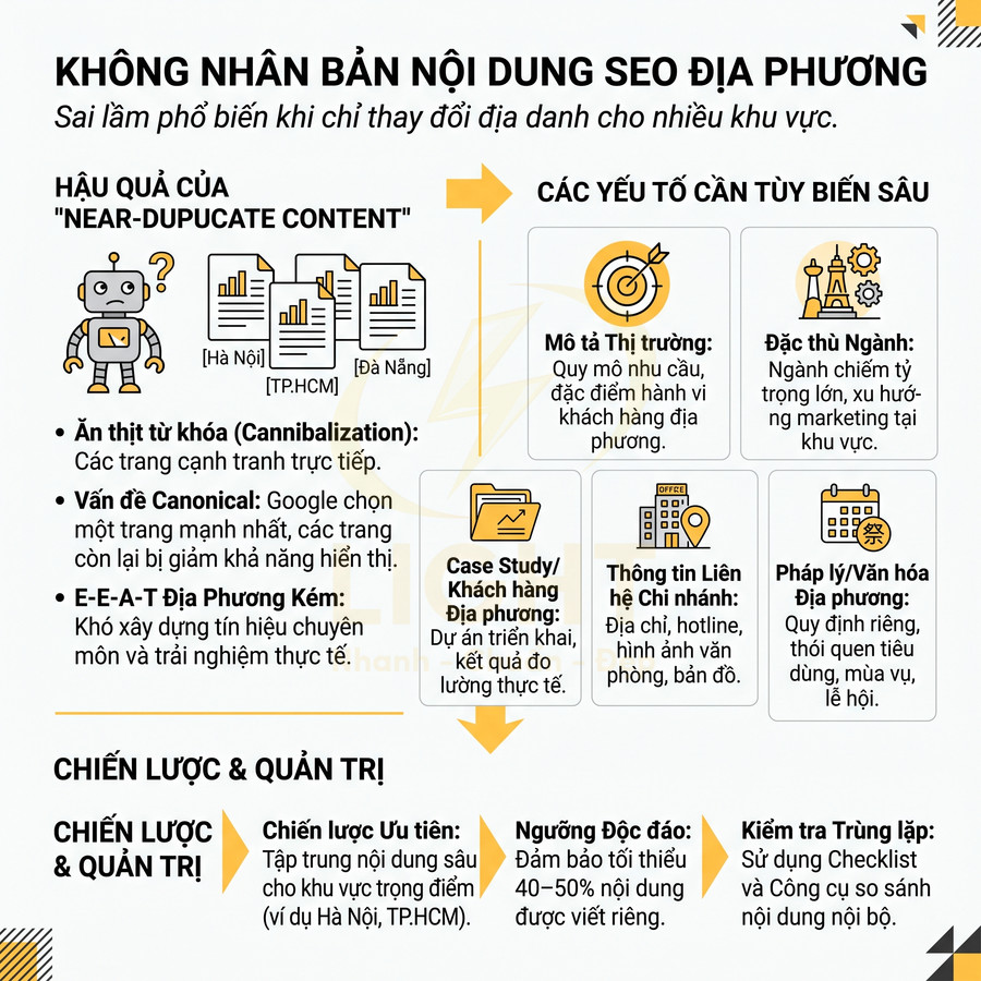 Infographic cảnh báo không nhân bản nội dung SEO địa phương, nêu hậu quả near duplicate content và chiến lược tối ưu nội dung