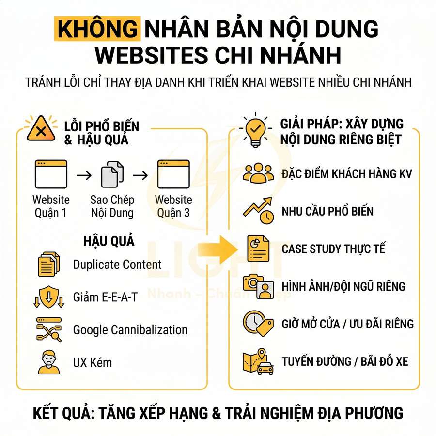 Hướng dẫn SEO tránh nhân bản nội dung website chi nhánh và xây dựng nội dung riêng cho từng địa điểm