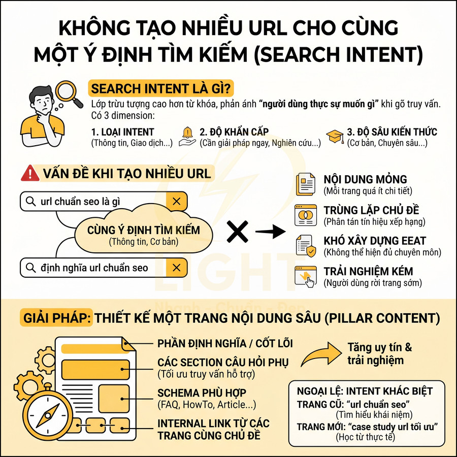 Hướng dẫn SEO không tạo nhiều URL cho cùng một search intent và giải pháp thiết kế pillar content nội dung sâu