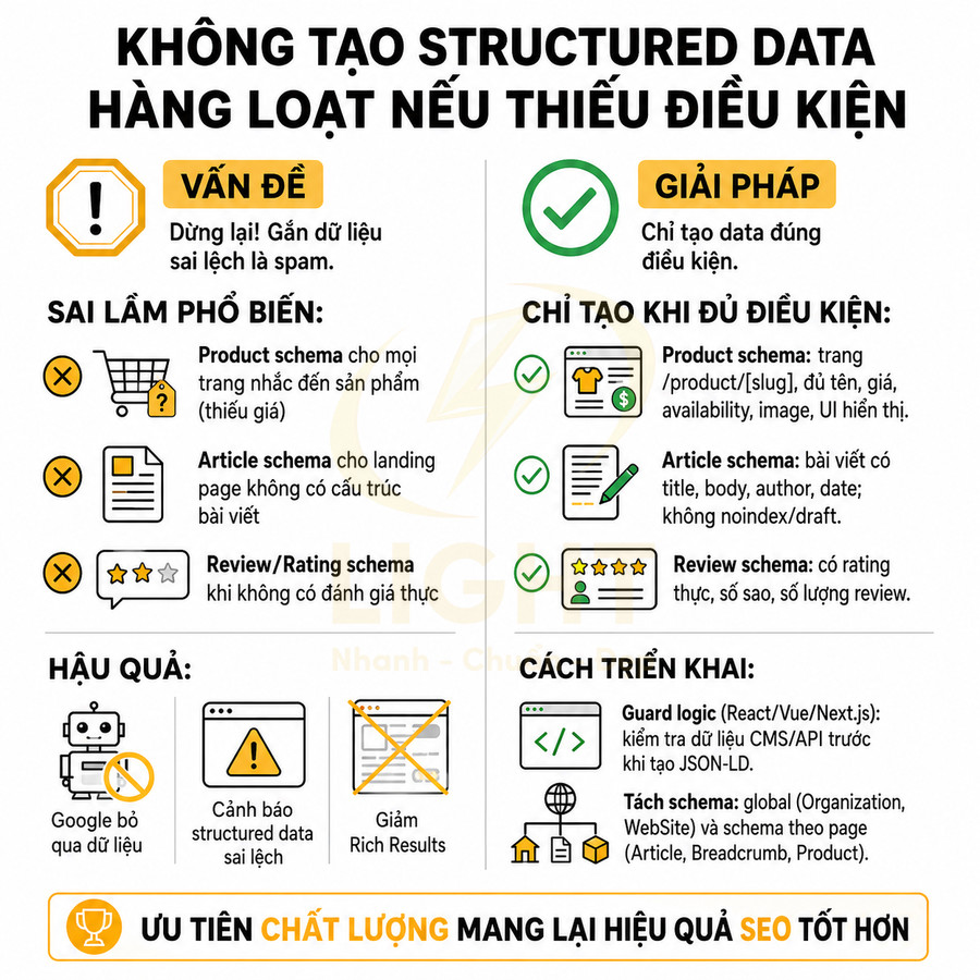 Hướng dẫn SEO cảnh báo không tạo structured data sản phẩm hàng loạt khi thiếu điều kiện và cách triển khai đúng