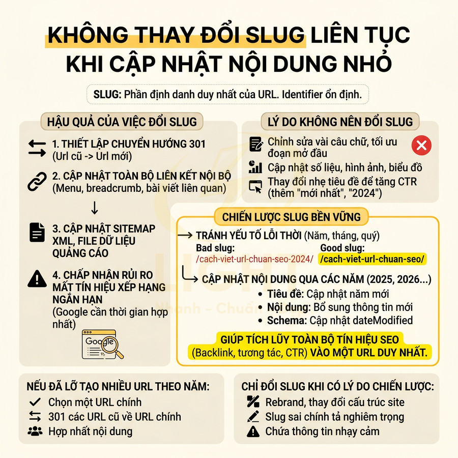 Infographic hướng dẫn chiến lược giữ slug URL ổn định khi cập nhật nội dung SEO trên website