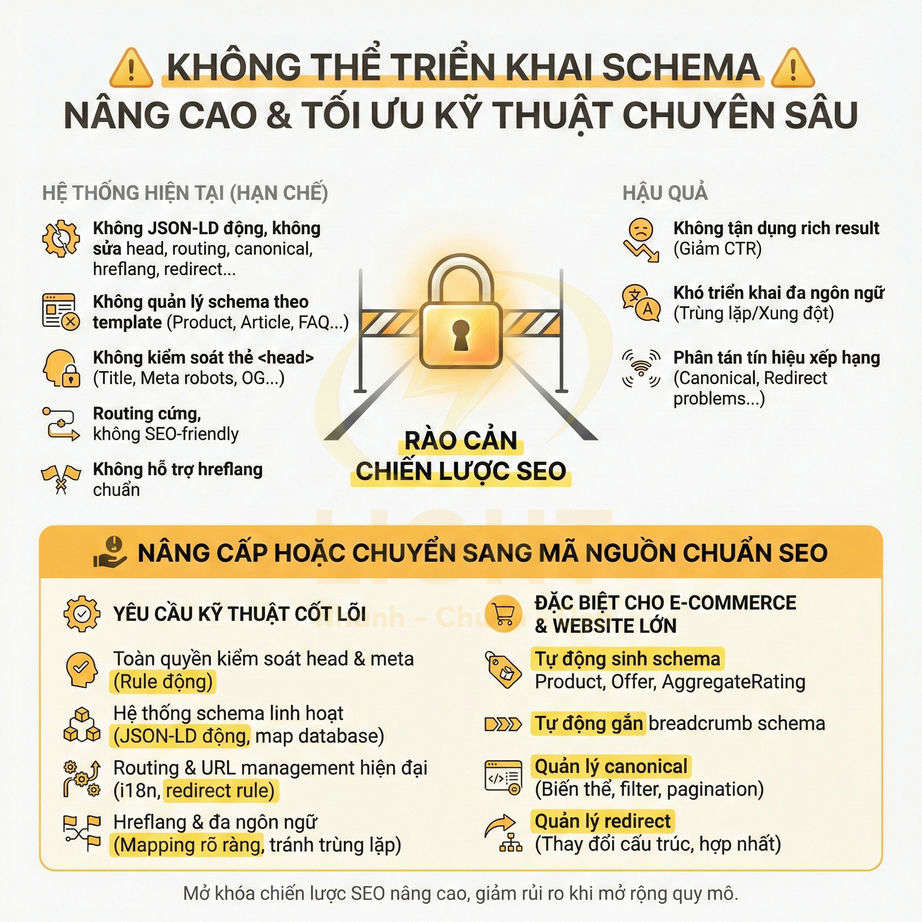Infographic rào cản triển khai schema nâng cao và giải pháp nâng cấp mã nguồn chuẩn SEO cho website