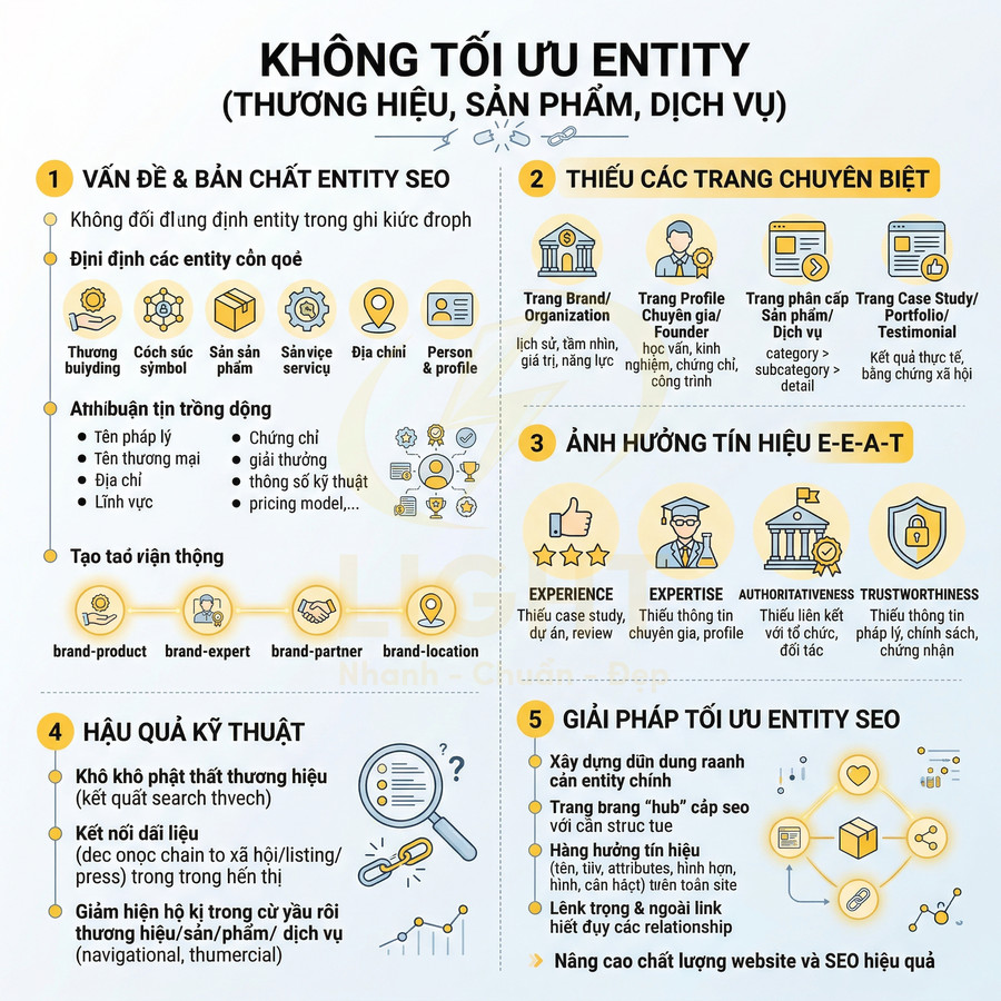 Infographic tiếng Việt giải thích vấn đề không tối ưu entity SEO và giải pháp cải thiện thương hiệu sản phẩm dịch vụ