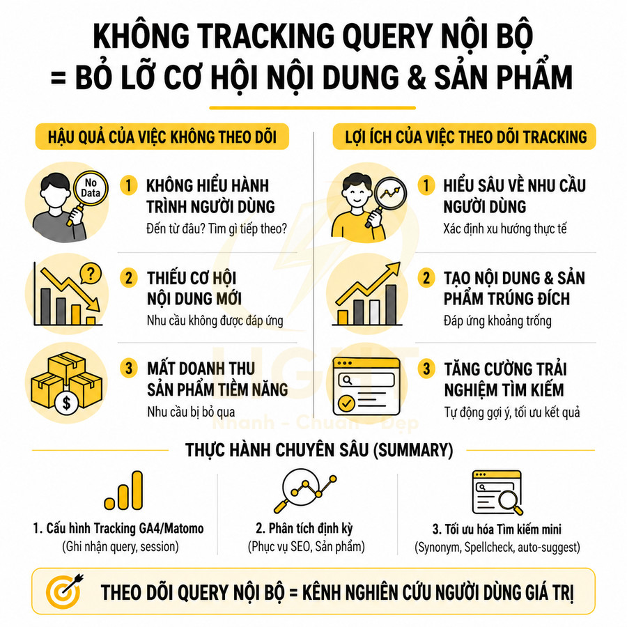 Infographic lợi ích tracking query nội bộ trong SEO, nêu hậu quả không theo dõi và các bước cấu hình GA4, phân tích, tối ưu tìm kiếm